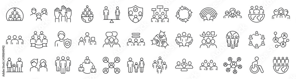 Set of 36 line icons related to society, teamwork, cooperation. Outline icon collection. Editable stroke. Vector illustration - obrazy, fototapety, plakaty 