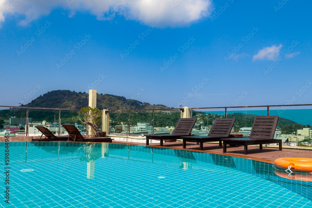 Pool on the roof of the hotel on the terrace at patong beach in phuket island; thailand