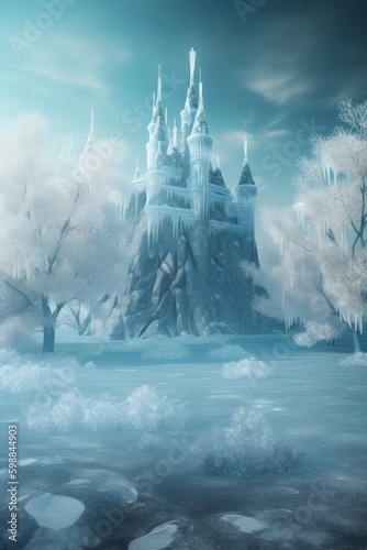 Fantasy castle made of ice. Fairy tale scene. Winter wonderland. Generative ai. © FantasyEmporium