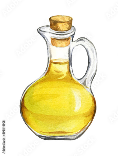 watercolor bottle with olive oil, glass transparant jug with yellow oil, italian theme, hand drawn illustration isolated on white background