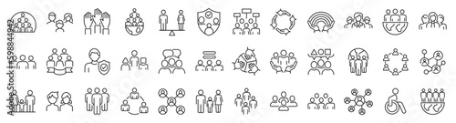 Leinwand Poster Set of 36 line icons related to society, teamwork, cooperation
