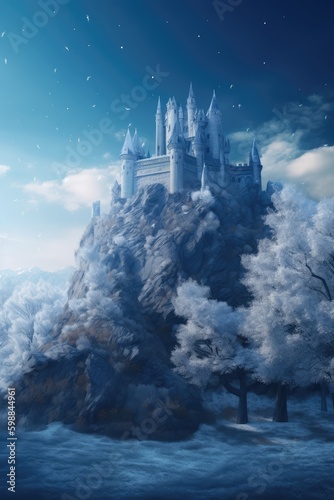 Fantasy castle on icy rock under the magical moonlight. Fairy tale scene. Winter wonderland. Generative ai. © FantasyEmporium