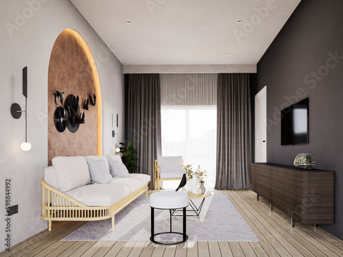 Fototapeta Naklejka Na Ścianę i Meble -  Modern style living room interior design and decoration with white sofa and coffee table on grey carpet, tv on grey color wall. 3d rendering apartment interior furniture