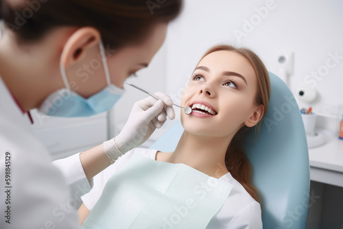 Young woman undergoing an orthodontic examination. Generative AI