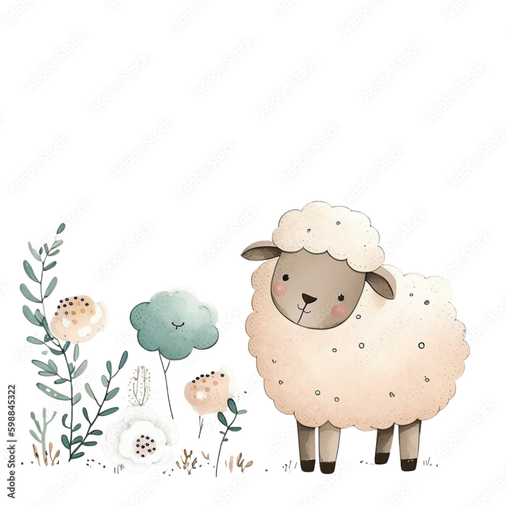 Obraz premium sheep nature watercolor neutral colors for kids simple drawing childish cute PNG