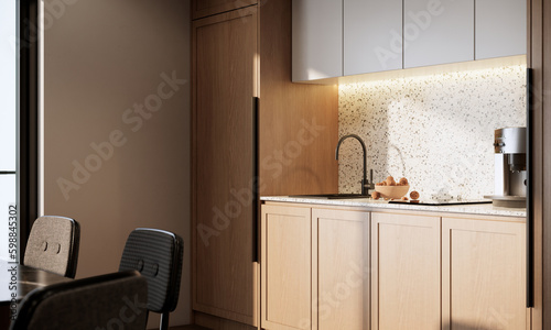Close up built in kitchen room interior design and decoration. 3d rendering pantry cooking station