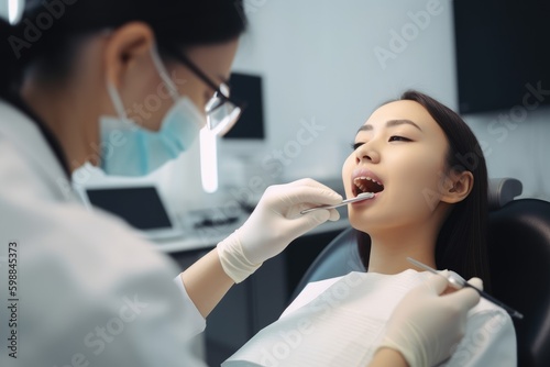Young woman undergoing an orthodontic examination. Generative AI