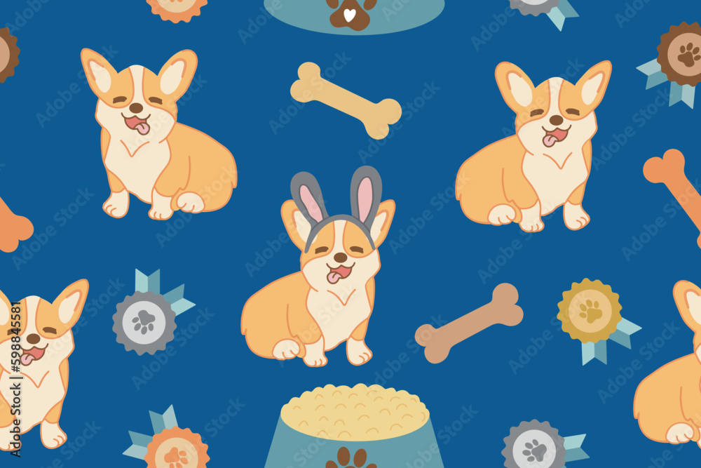 Seamless pattern with cartoon Corgi dog pattern and medals. Vector illustration Generative AI