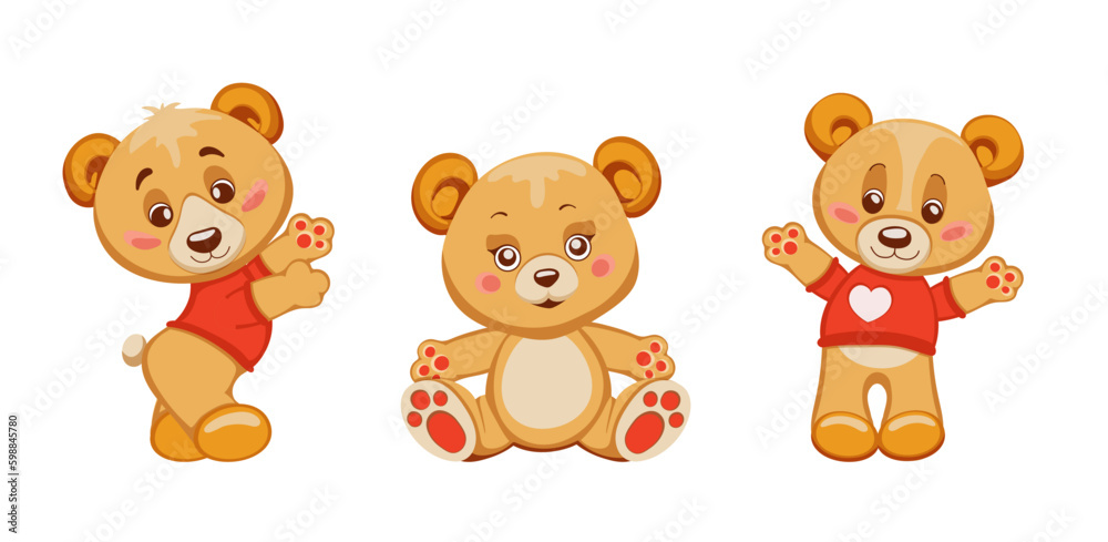 Set of cute hand drawn cartoon style teddy bears, isolated design element on white background. Funny animal for mother's day, birthday, baby shower, Father's Day, greeting card. Vector illustration. 