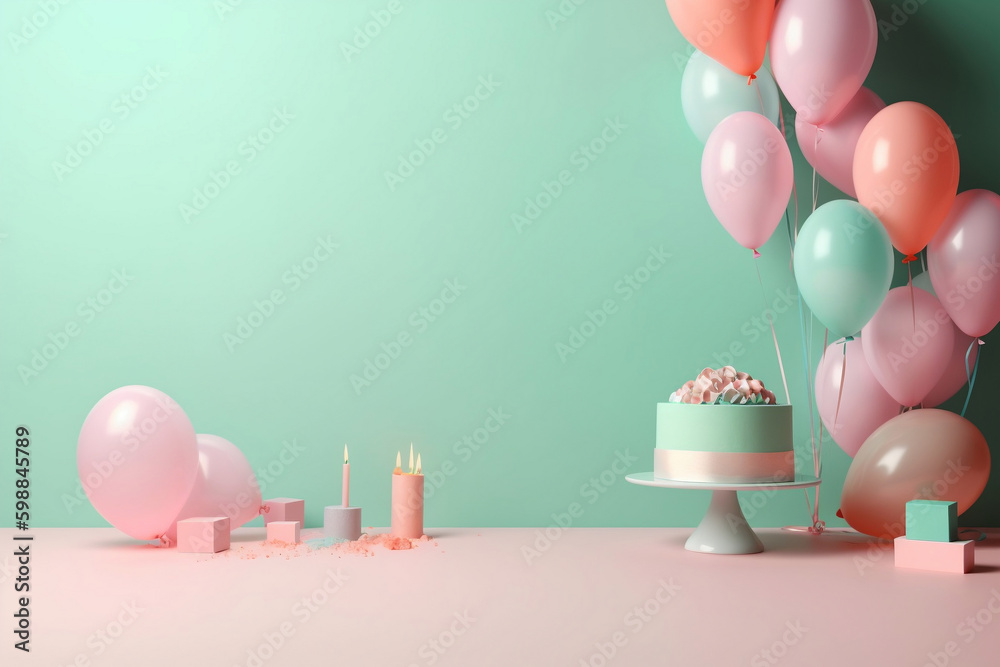 birthday cake with candles and balloons on pastel background ...