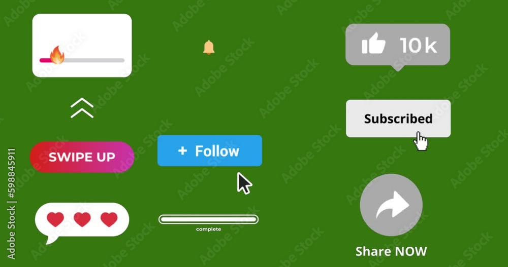 call-to-action set subscribe, like, follow, favorite, ring the bell isolated on green screen background call-to-action set subscribe, like, follow, favorite, ring the bell isolated on green screen background