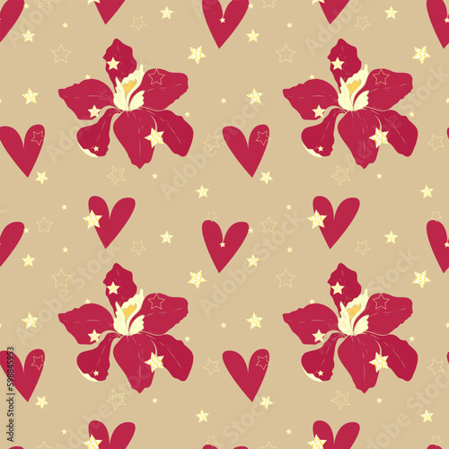 Viva Magenta trend color 2023 pattern with heart and iris flowers, stars. Vector illustration Generative AI