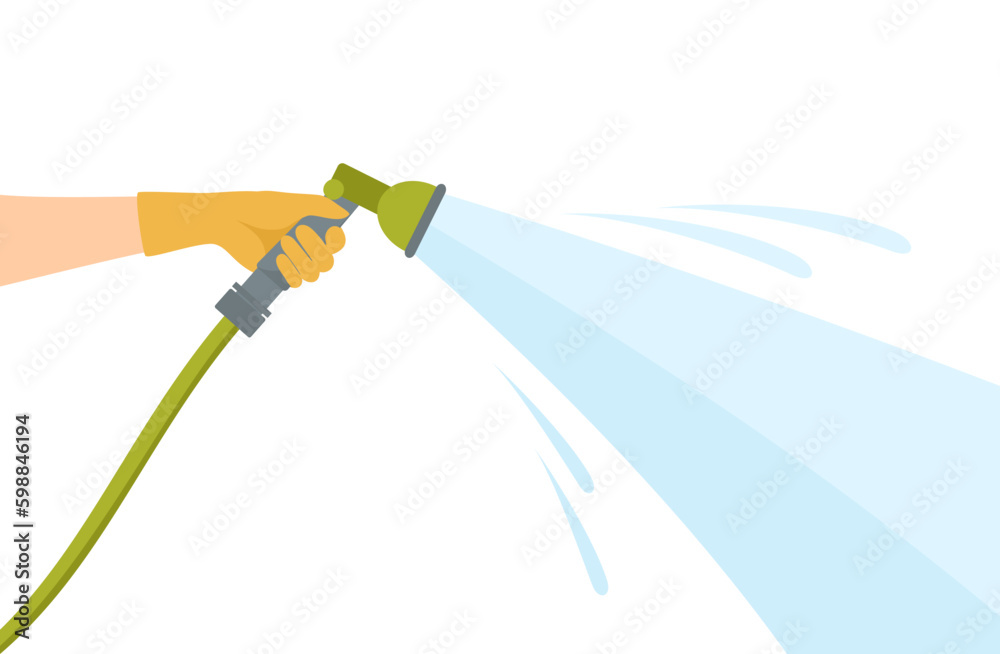 A hand in a rubber glove holding a hose with a stream of water. Vector illustration in flat style