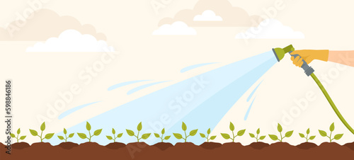 A hand in a rubber glove watering the beds with plant sprouts from a hose. Flat vector illustration