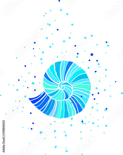 Color sketch illustration - ammonite shell ans water bubbles in blue