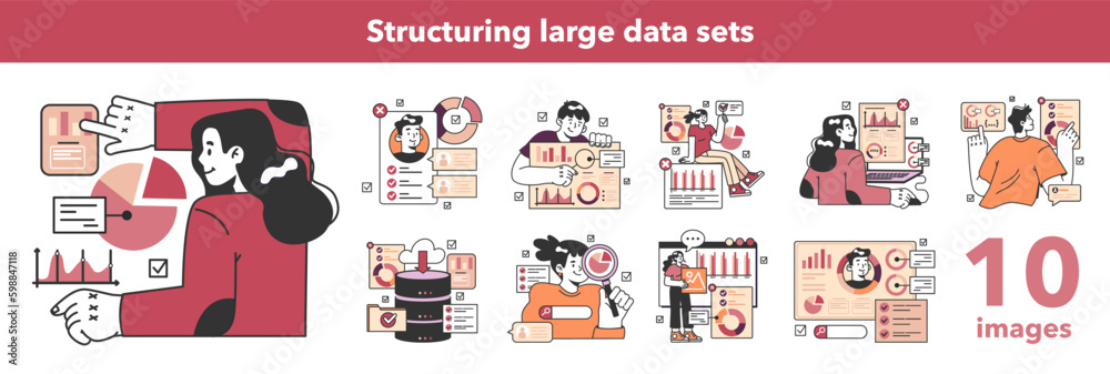Fototapeta premium Bid data structuring set. Data science and optimization for machine