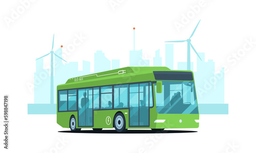 Electric city bus with passengers against the background of an abstract cityscape. Vector illustration.