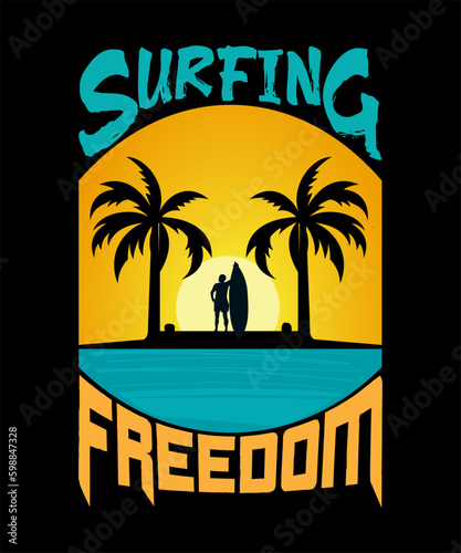 Summer T-shirt design a poster for surfing with palm trees and a surfer on the back