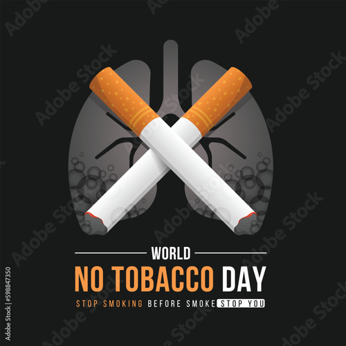 World no tobacco day, stop smoking before smoke stop you - Cigarette cross with smoke on red lung sign and black background vector design