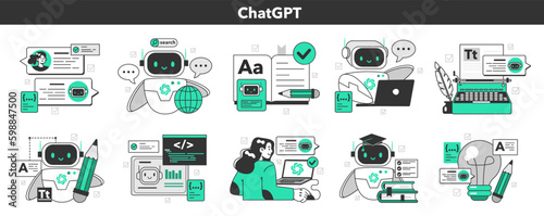 ChatGPT set. Online communication with artificial intelligence chat photo
