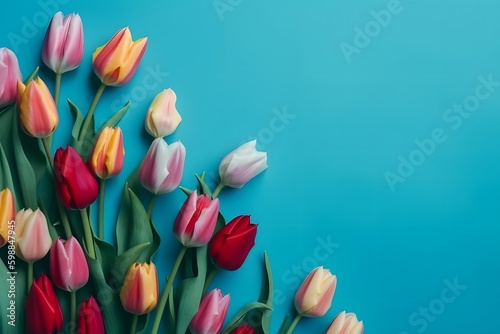 Beautiful composition spring flowers. Bouquet of pink tulips flowers on pastel blue background. Flat lay, top view, copy space. Generative AI