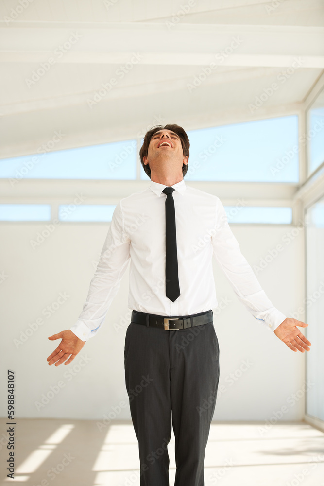Glad that the business day is over. A young businessman throwing his head back with joy. Glad that the business day is over. A young businessman throwing his head back with joy.