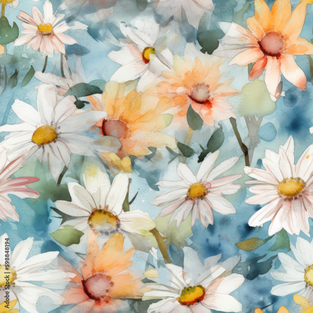 Obraz premium Seamless Watercolor Daisies Pattern, Repeating Floral Background, Generative AI