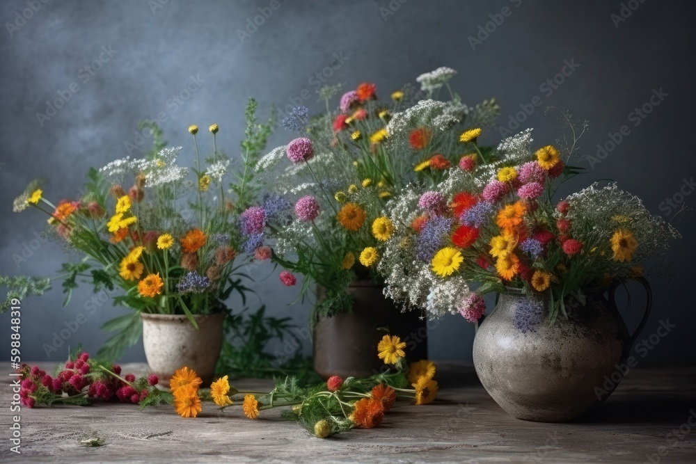 Bouquet of wildflowers in vases on wooden table, generative ai Bouquet of wildflowers in vases on wooden table, generative ai