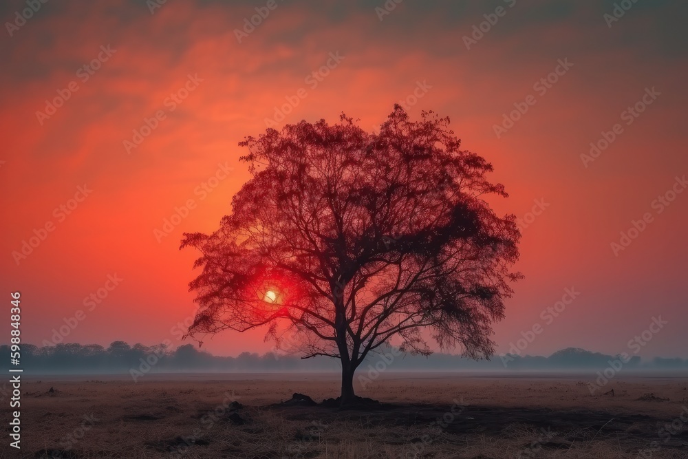 Sunset over a tree in a meadow with a red sky, generative ai