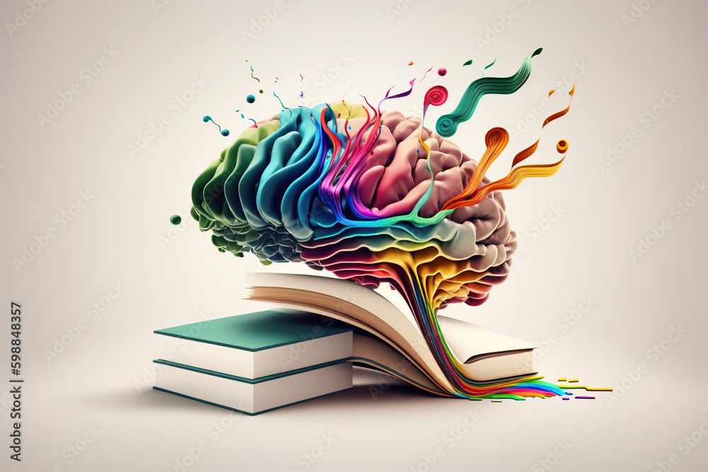 Open book with fantastic levitation glowing brain and colorful splash on white background, World book day, knowledge and creativity concept - obrazy, fototapety, plakaty 