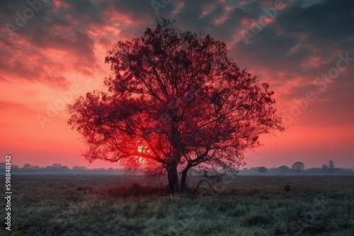 Beautiful autumn landscape with a lonely tree on the meadow at sunset, generative ai
