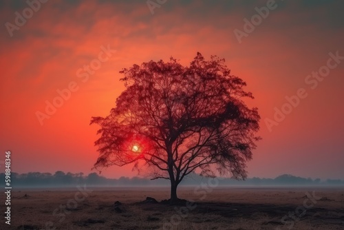 Sunset over a tree in a meadow with a red sky, generative ai