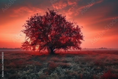 Tree in a foggy meadow at sunset. Autumn landscape, generative ai