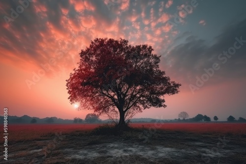 Beautiful autumn landscape with lonely tree on the meadow at sunset, generative ai © Angus.YW