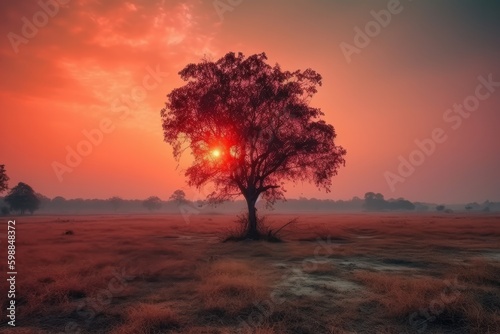 Lonely tree in a foggy meadow at sunset, generative ai