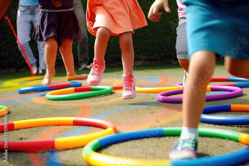 Children playing with colourful rings on the playground in the schoolyard. Children having fun outdoors, generative ai