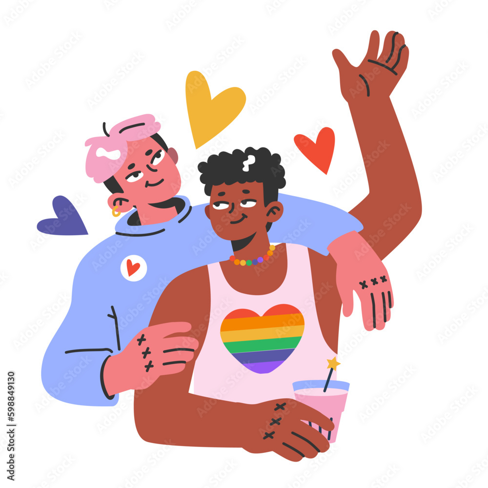 Cheerful characters with rainbow flags celebrate pride month. LGBTQ Cheerful characters with rainbow flags celebrate pride month. LGBTQ