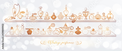 Collection of doodle perfume bottles on white glowing background. Vector sketch illistration