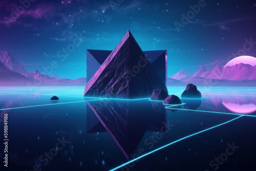 3D illustration of abstract geometric composition with primitive shapes and fantasy landscape, generative Ai