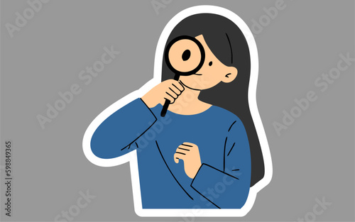 Business woman illustration. A woman is making observations with a magnifying glass. A woman observing with a magnifying glass, copy space
