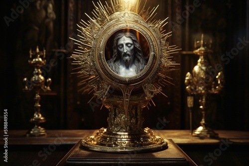 Eucharist Feast of Corpus Christi. Jesus Christ in the monstrance present in the Sacrament of the Eucharist. holy grail, bronze gold cup with christian and religious cross. Jesus Christ. Generative AI photo
