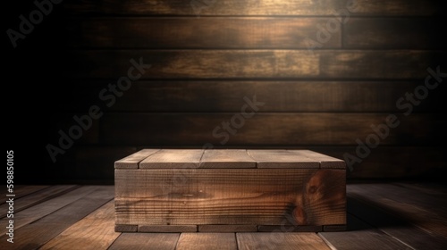 Empty podium for product presentation with rustic wood background. Generative AI.