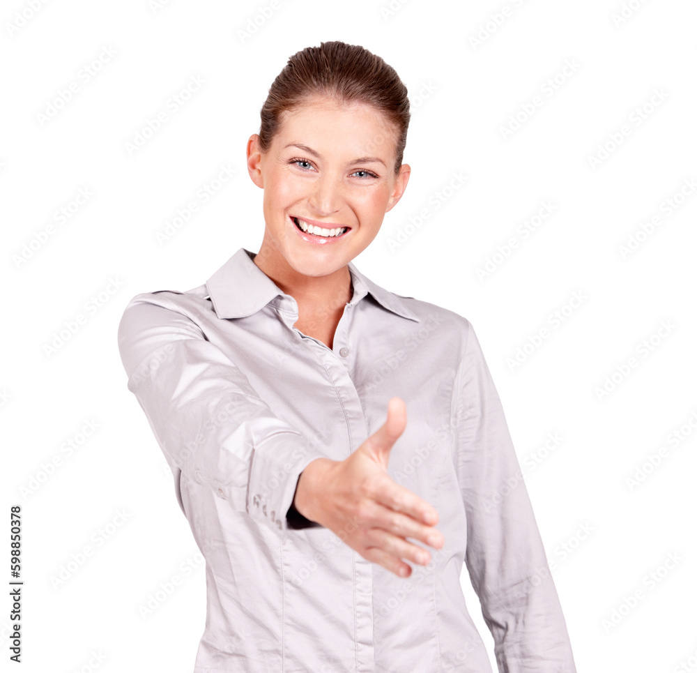 Pleased to meet you. A beautiful young woman offering you a handshake while isolated on a white background. Pleased to meet you. A beautiful young woman offering you a handshake while isolated on a white background.
