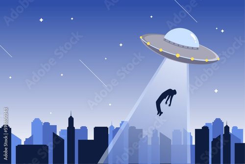Flying saucer abducts man, city silhouette and the star sky in the background. UFO abduction.