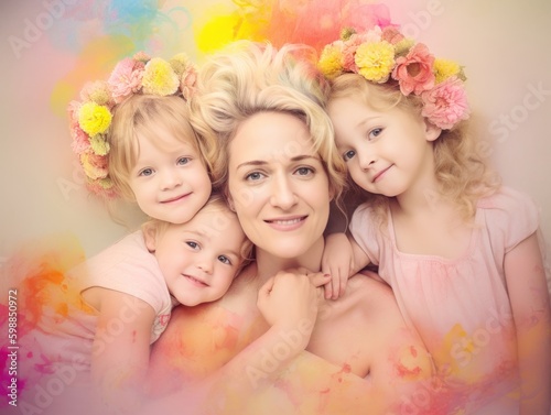 Happy mother's day. A vibrant and colorful image of a mother and her children. Generative AI