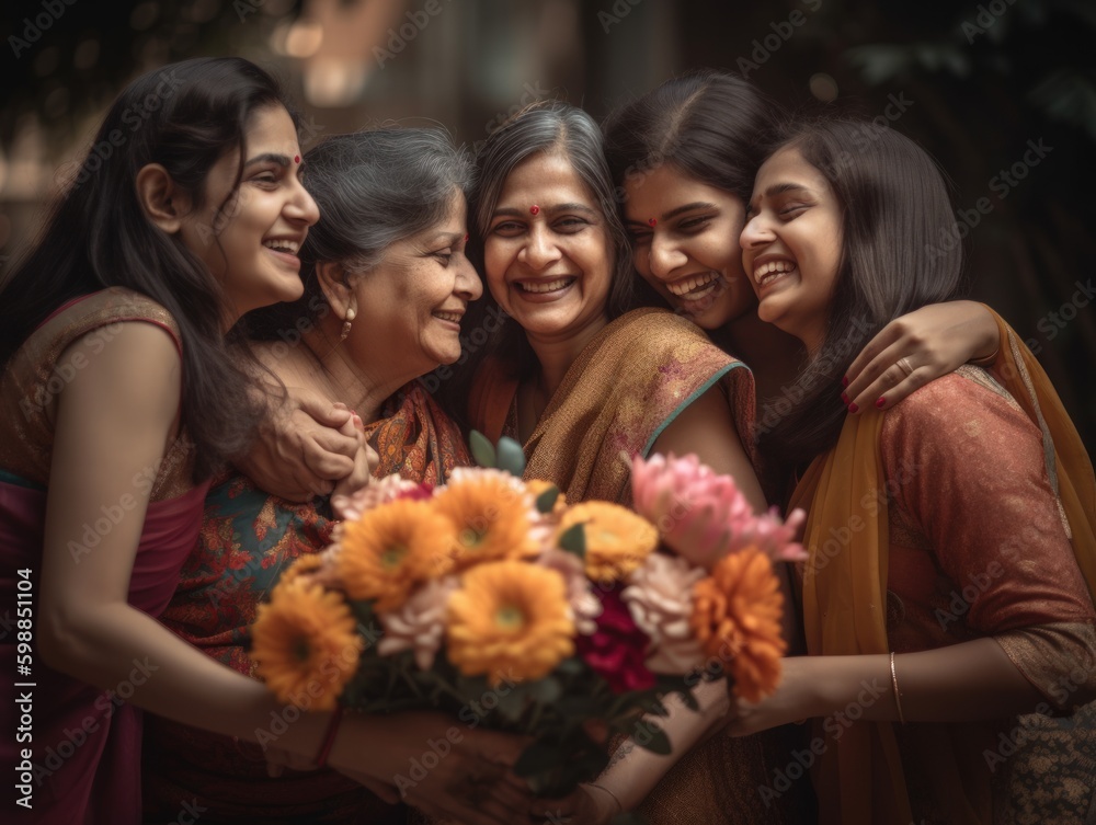 Happy mother's day. Candid shot of a mature mother surrounded by her grown - up children, holding a bouquet of vibrant flowers. Generative AI