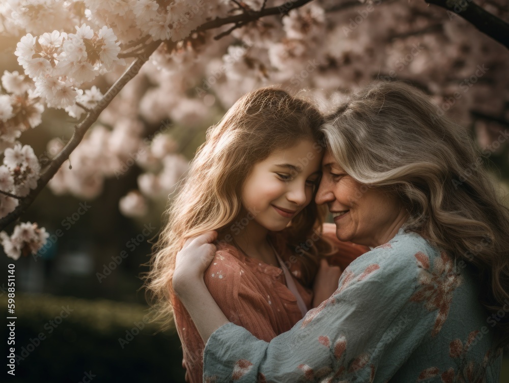 Happy mother's day. Photo of moment captured between a mother and her daughter, as they share a hug under a blooming cherry blossom tree on Mother's Day. Generative AI Happy mother's day. Photo of moment captured between a mother and her daughter, as they share a hug under a blooming cherry blossom tree on Mother's Day. Generative AI