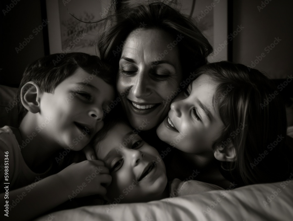 Happy mother's day. A heartwarming and candid snapshot of a mother and her kids celebrating Mother's Day together. Generative AI
