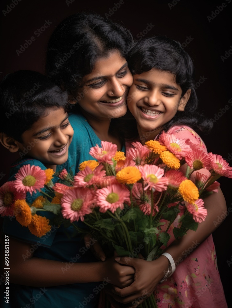 Happy mother's day. A heartwarming depiction of a mother and her children on Mother's Day. Generative AI