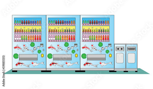 Japan soft drink vending machine front painting with koi fish or Japanese carp fish swimming with lotus leaf the side contains with trash can drawing in colorful vector